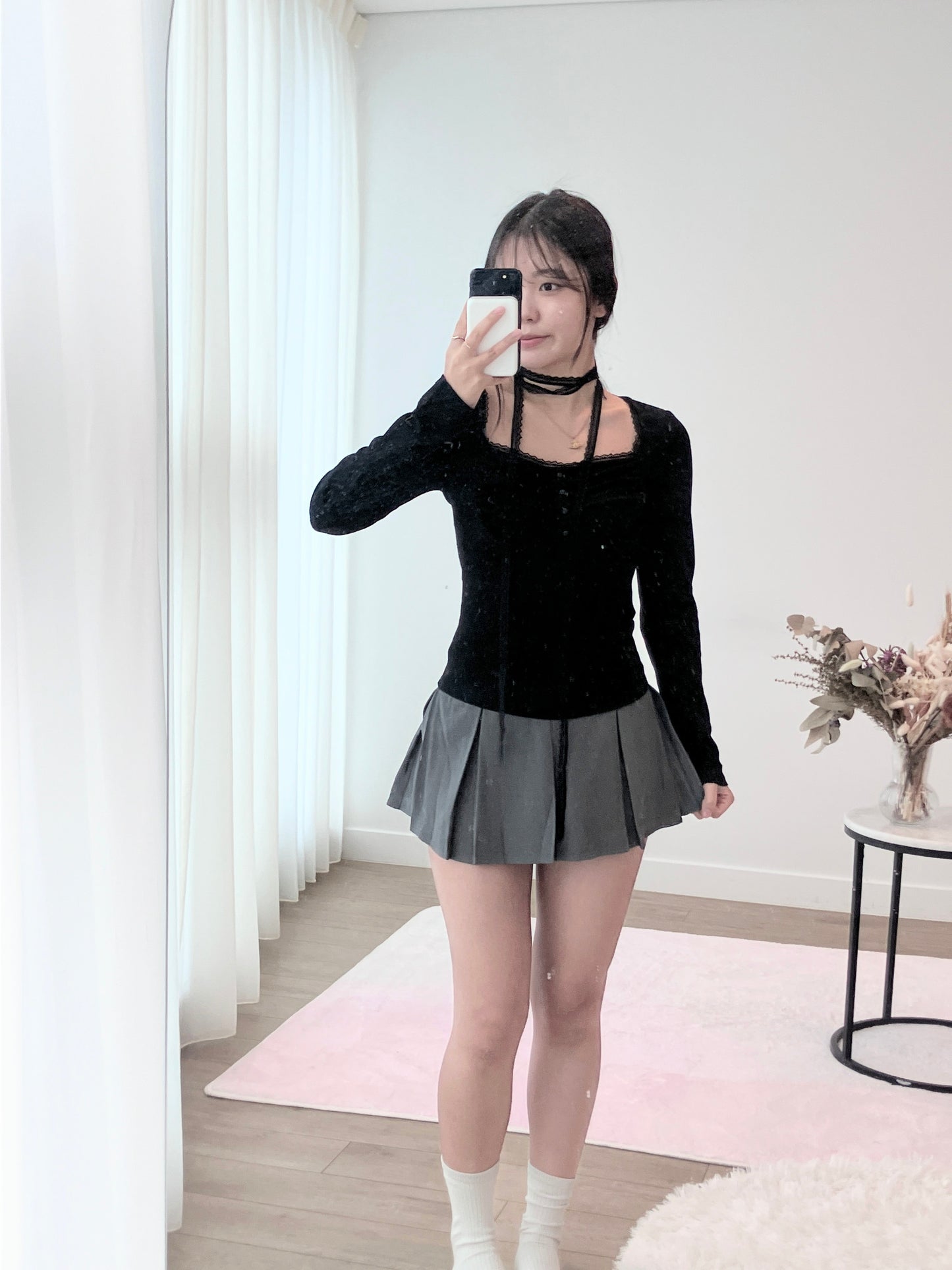 Black Ruche Long Sleeve Top