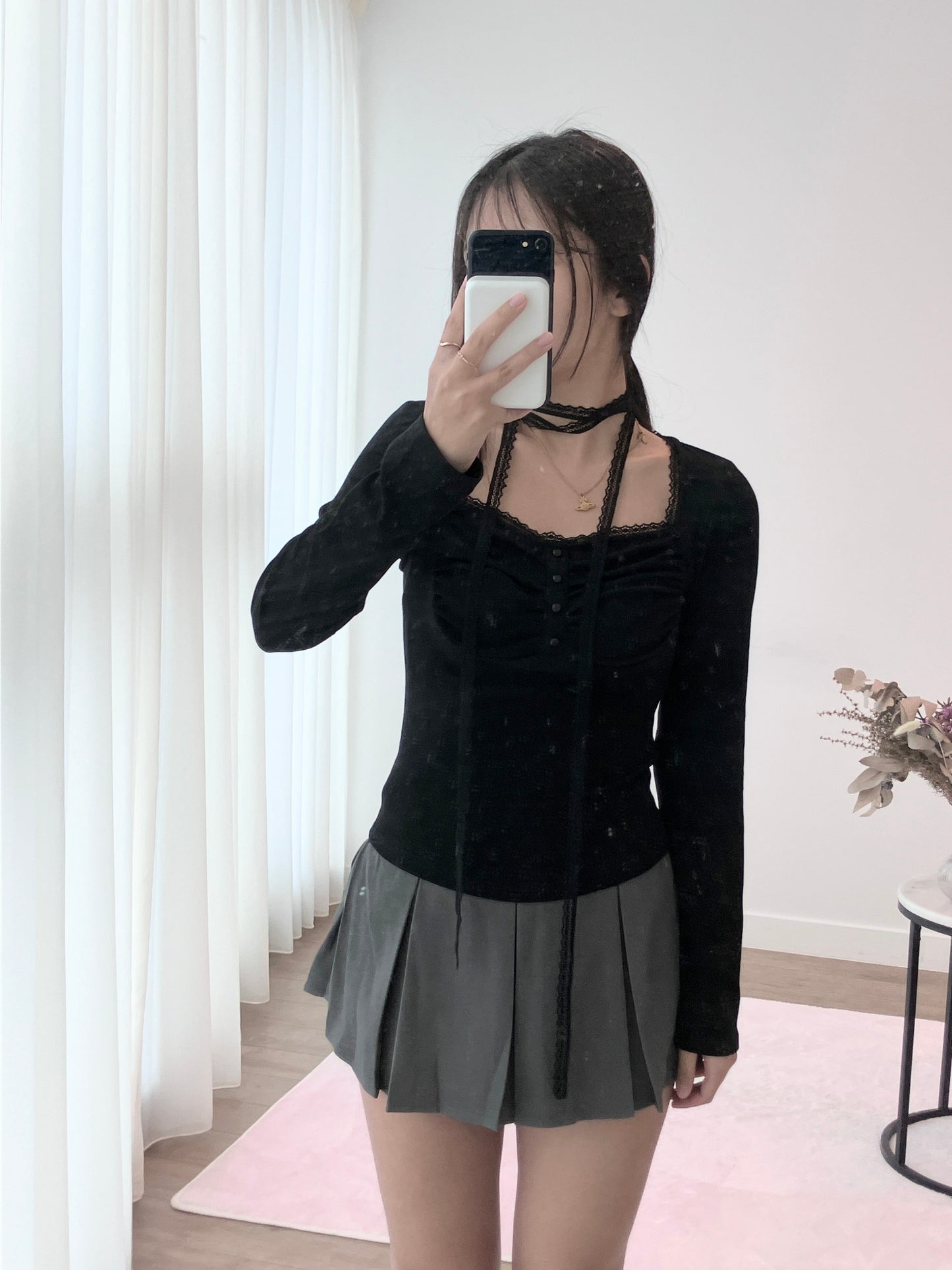 Black Ruche Long Sleeve Top