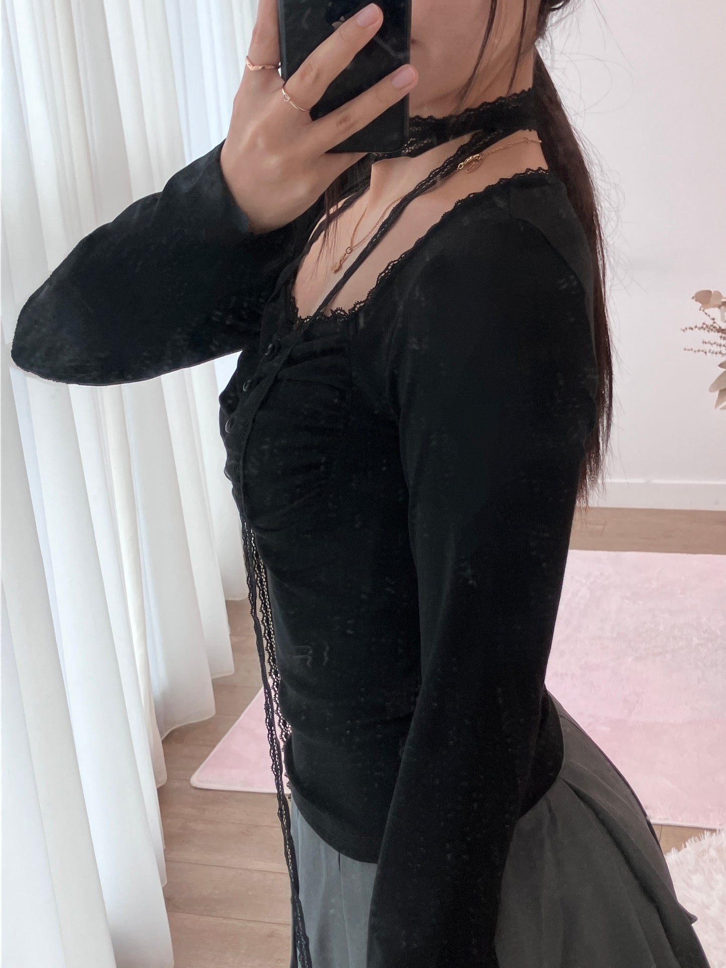 Black Ruche Long Sleeve Top