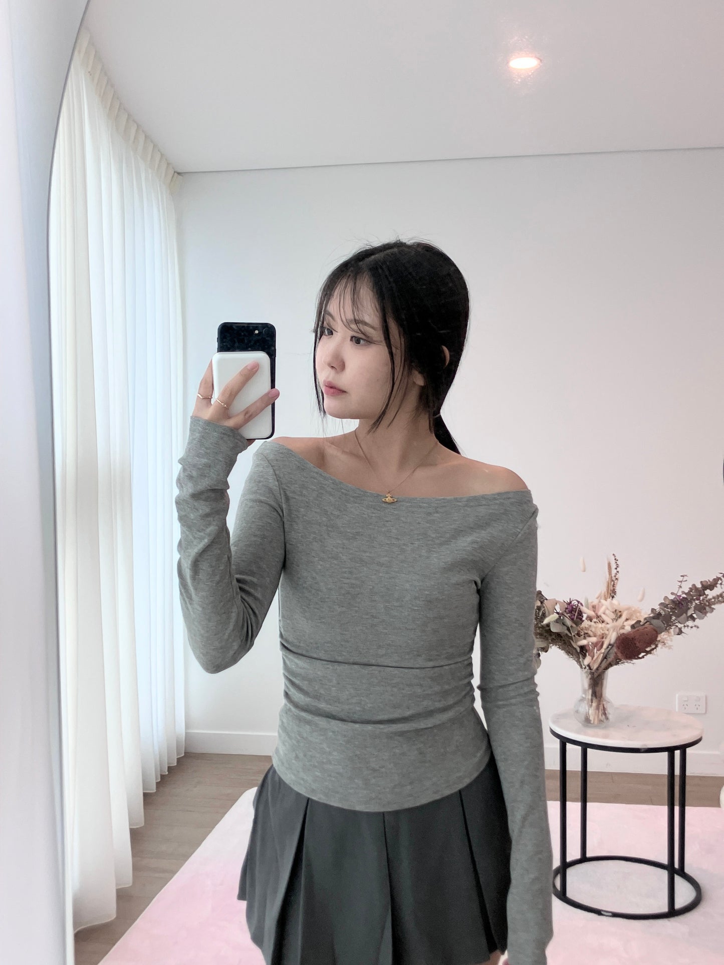 Slate Cinch Ribbed Top Grey