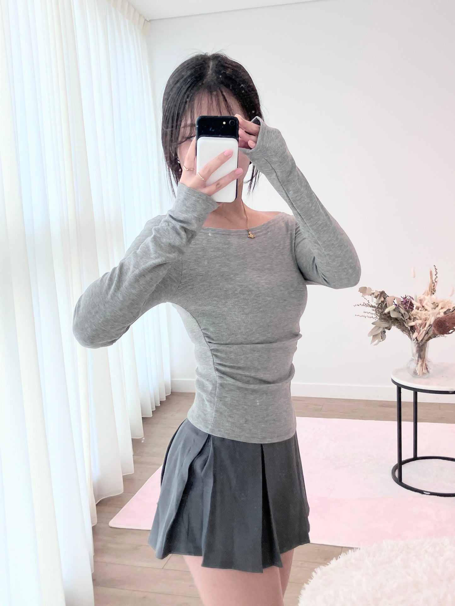 Slate Cinch Ribbed Top Grey