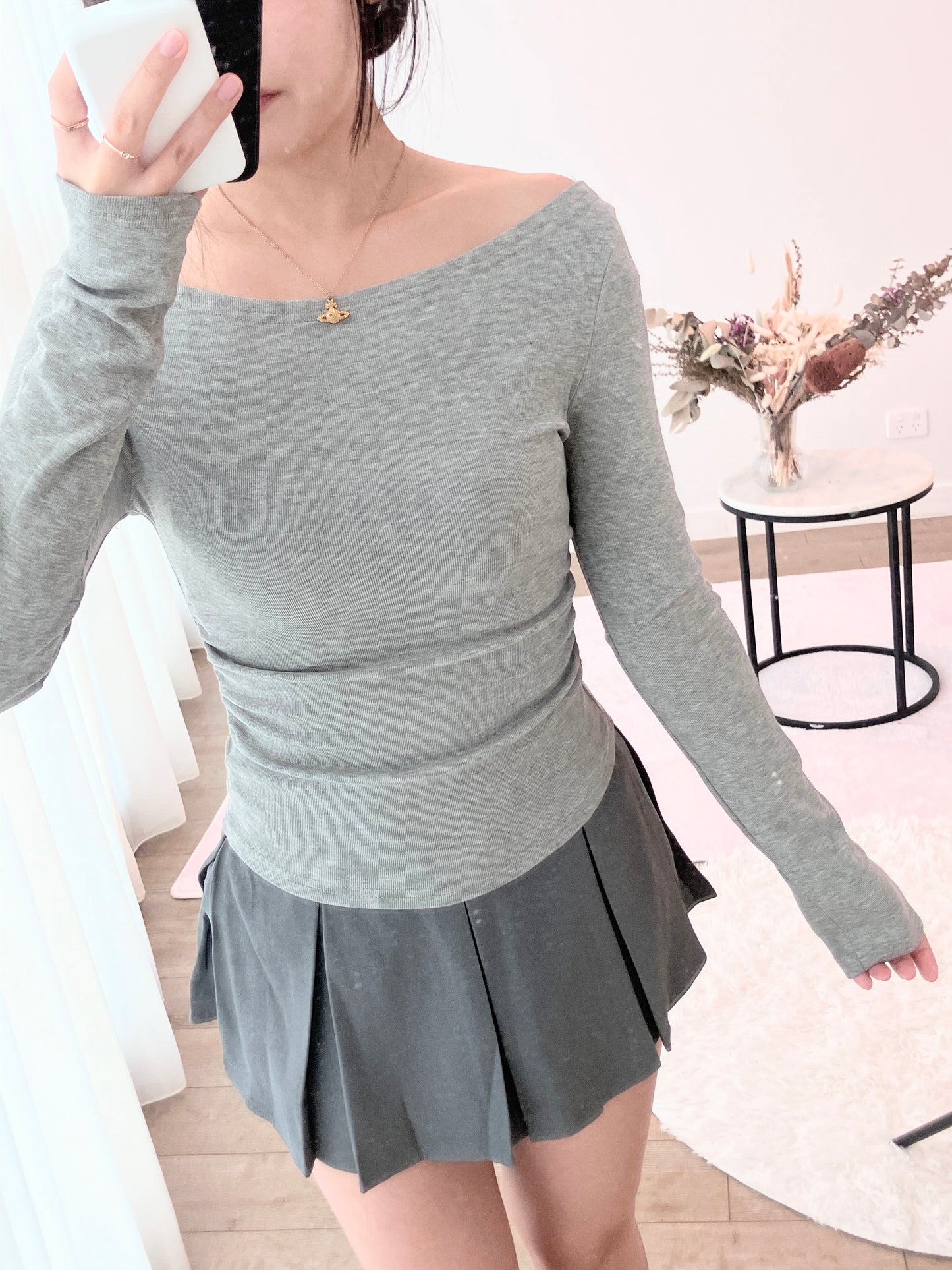Slate Cinch Ribbed Top Grey