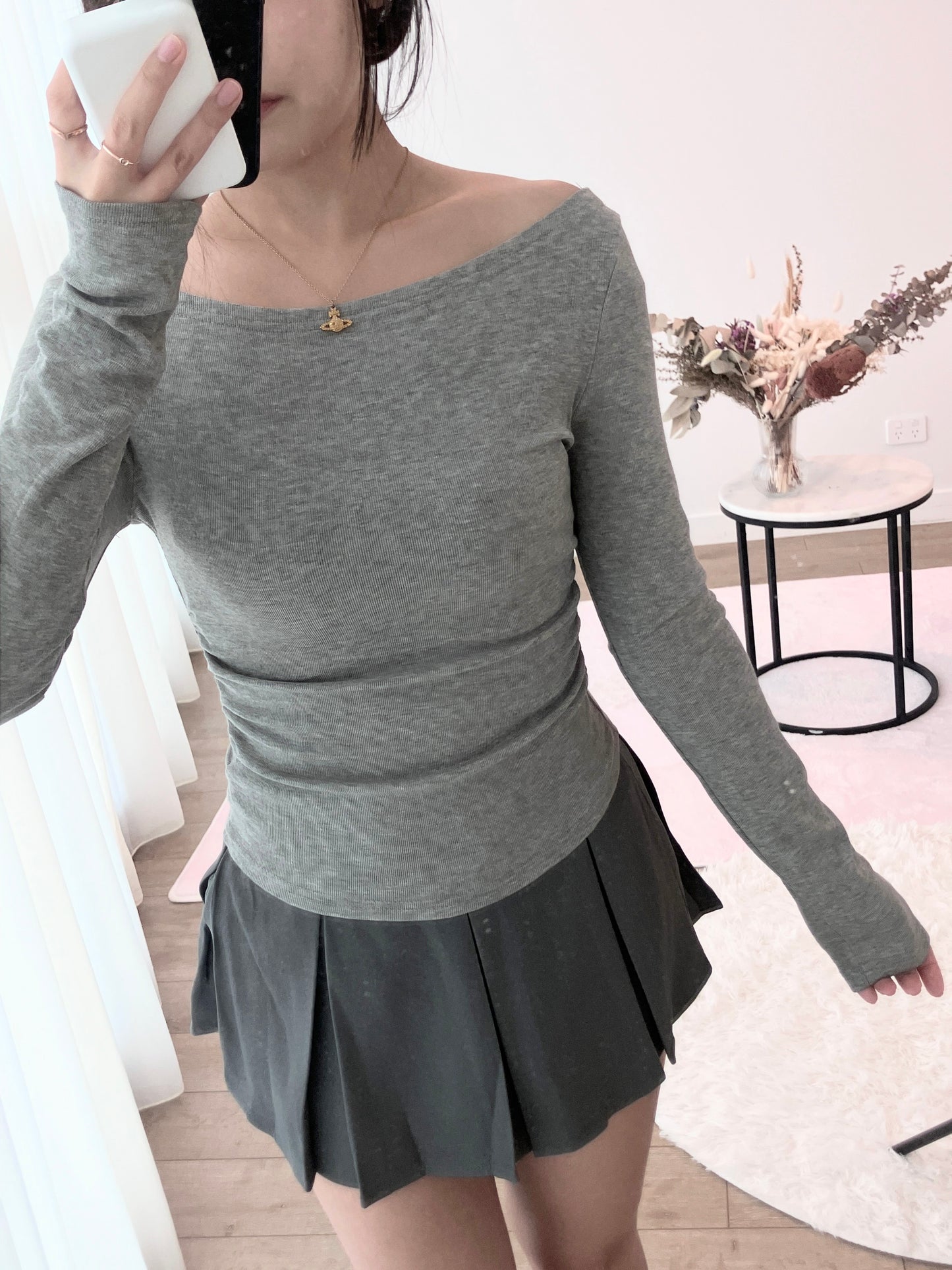 Slate Cinch Ribbed Top Grey