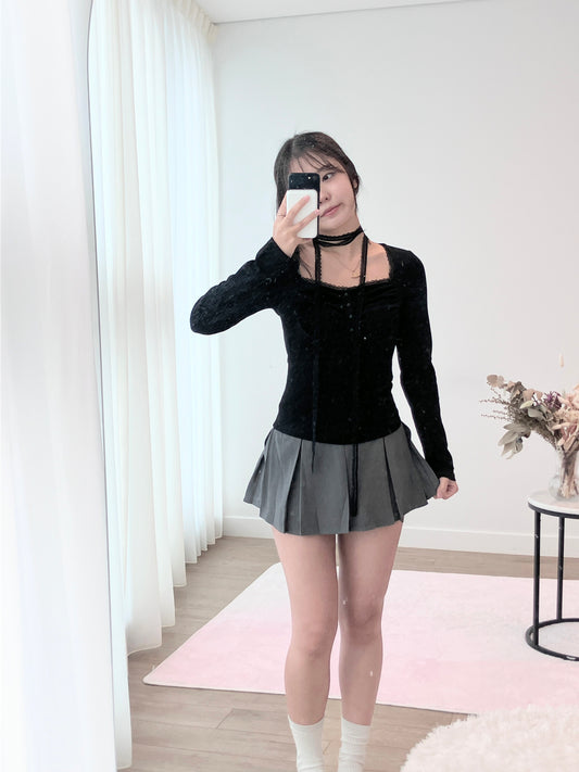 Black  Ruche Long Sleeve Top