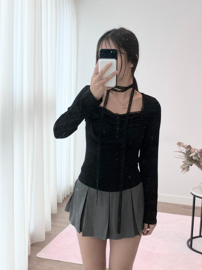 Black  Ruche Long Sleeve Top
