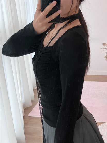 Black  Ruche Long Sleeve Top
